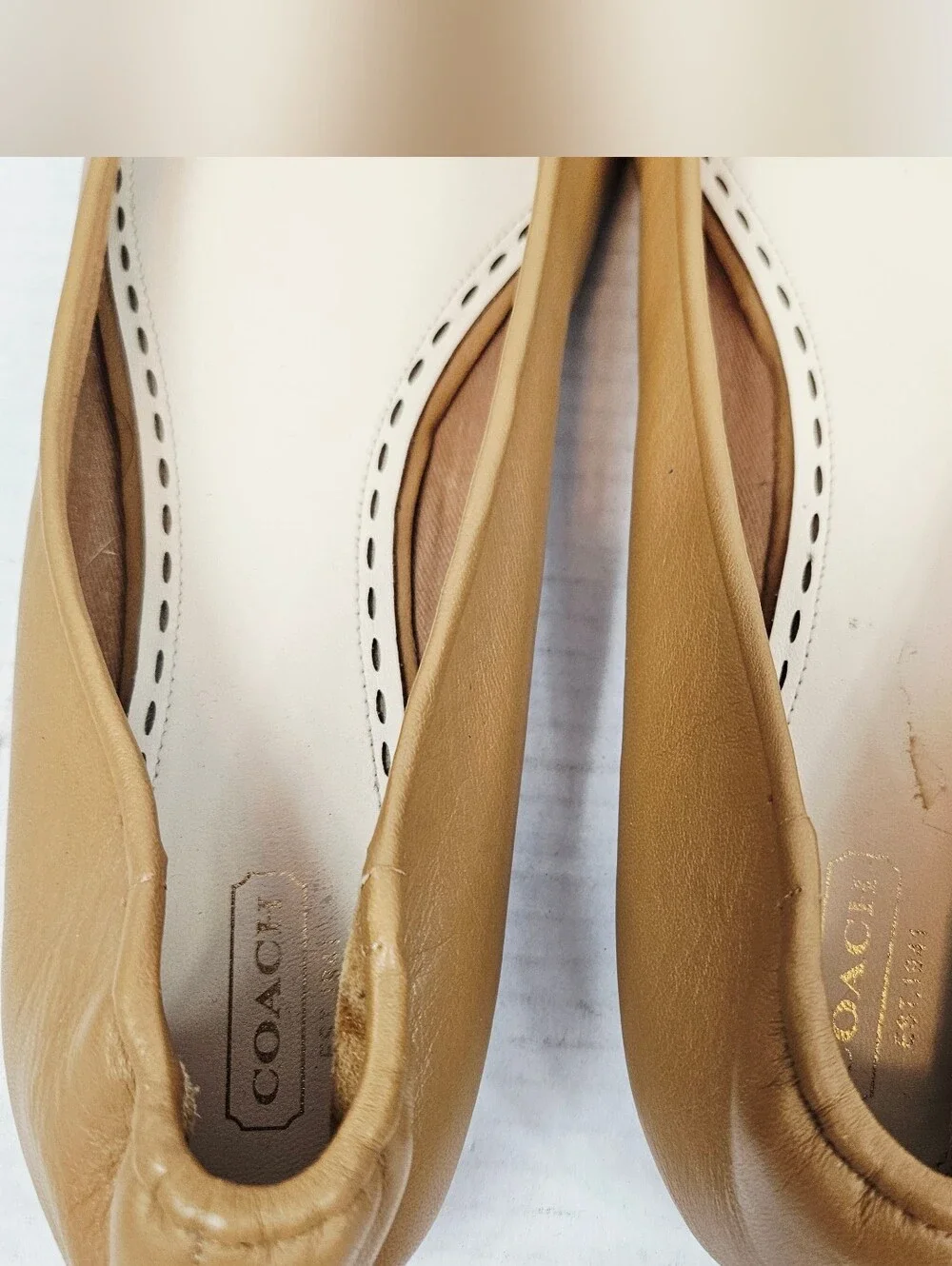Coach Tan Leather Ballet Flats with Gold-Tone Hardware